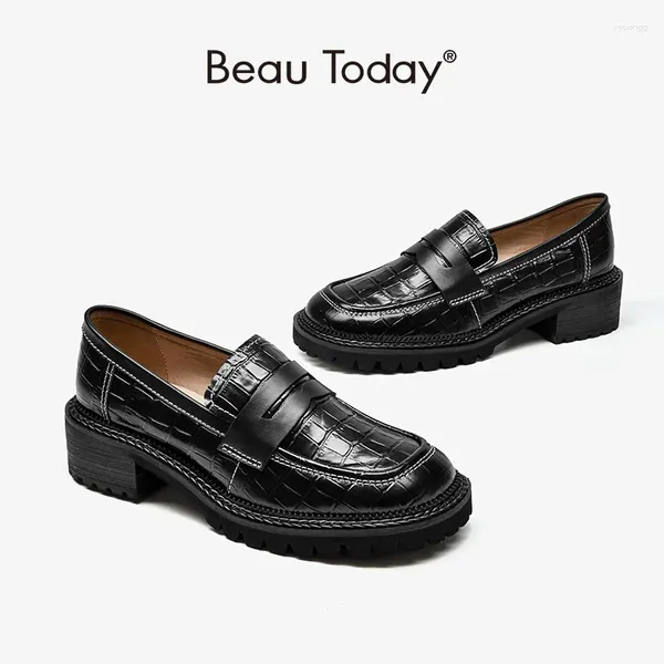 Zapatos informales Beautoday Penny Loafers Mujeres Patrón de cuero de vaca Patrón de piedra Redondeo doble de costura Damas Pisas hechas a mano 27729