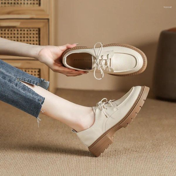 Chaussures décontractées beige / plate-forme en cuir noir Creepers Woman Creepers Lace Up Anti-Slip Oxford Toe Round Bottom Bottom British Brogues Flats