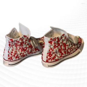 Chaussures décontractées Beige High Top Perle Ribbon Accessoires de style personnalisé Canvas Integrated Sports Women's 35-46