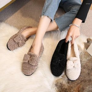 Casual schoenen grote boog-knoop krullende wollen bont flats vrouw winter katoen vrouwen pluche loafers comfortabele fleeces moccasins femme size 34-43