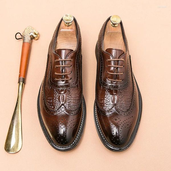 Zapatos Casuales Hombres de Gran Tamaño Brogue Vestidos de Fiesta de Boda con Cordones Zapato Derby de Cuero Genuino Caballero Joven Calzado con Patrón de Cocodrilo