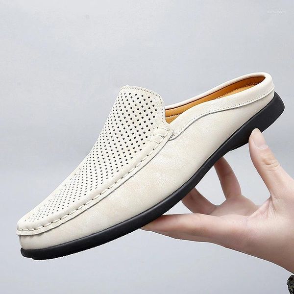 Chaussures décontractées grande taille été hommes Mules demi-pantoufles mocassins en cuir de haute qualité tongs sandales plates légères