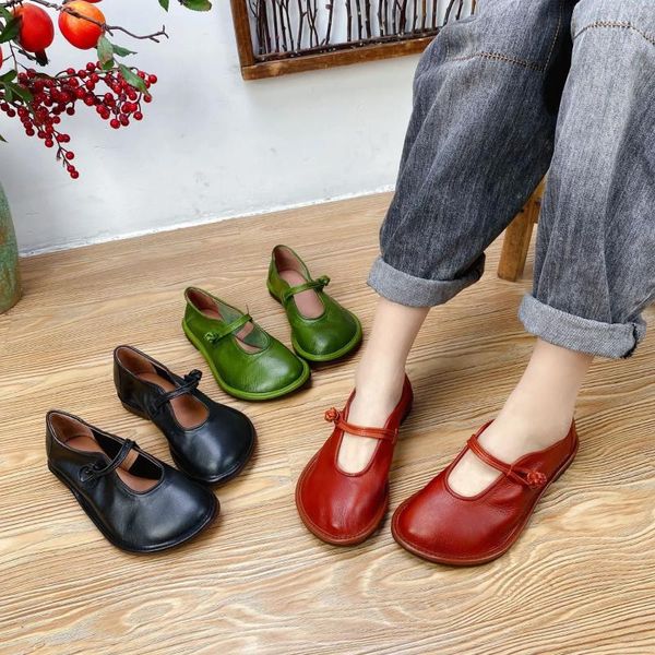 Zapatos casuales Birkuir zapatos planos originales de cuero genuino para mujer Retro Mary Jane botón estilo chino suave hecho a mano señoras rojo