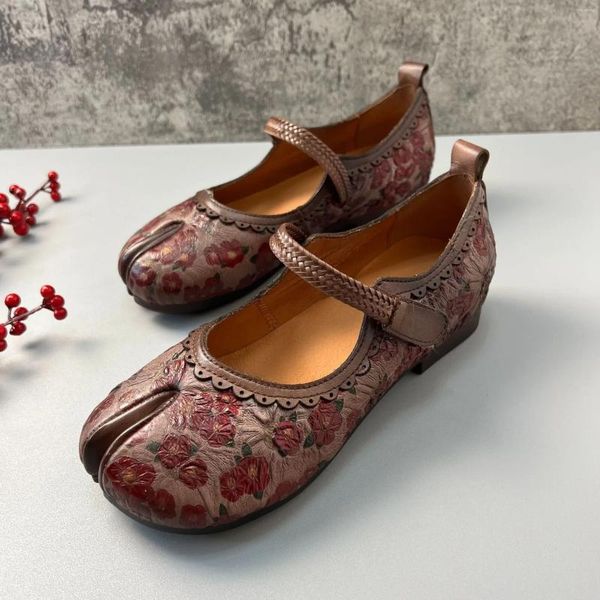 Chaussures décontractées Birkuir Retro Flowers Split Toe Boldages Flats pour femmes en cuir authentique Luxury Elegant Low Talon Slip sur les dames