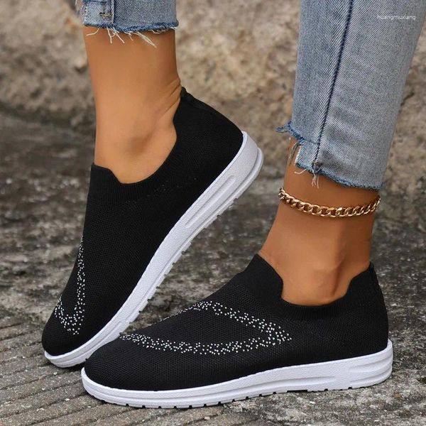 Zapatos informales, zapatillas de punto de Color negro para mujer, calcetines transpirables antideslizantes de verano, zapatos deportivos de tacón plano sin cordones para mujer