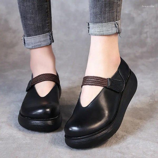 Zapatos informales negros con cuello en V Mary Janes de corte ancho para mujer Retro plataforma para mujer bailarinas planas de cuero elevado