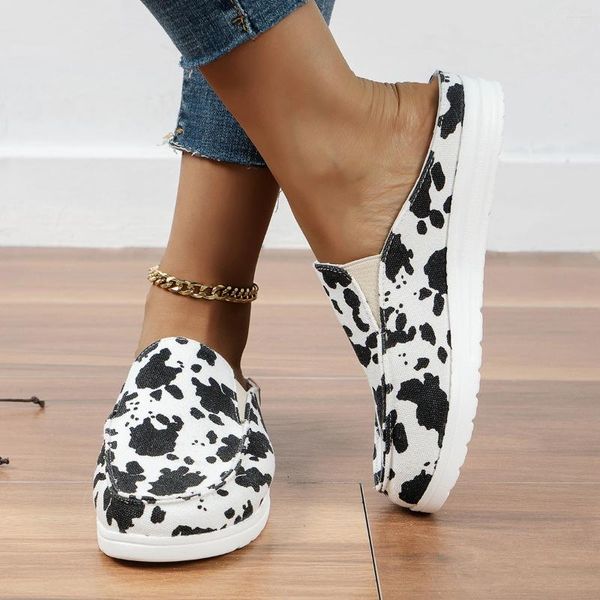 Zapatos informales, mocasines de lona con estampado de vaca en blanco y negro, zapatillas deportivas sin cordones a la moda para mujer, zapatillas deportivas planas de talla grande para mujer