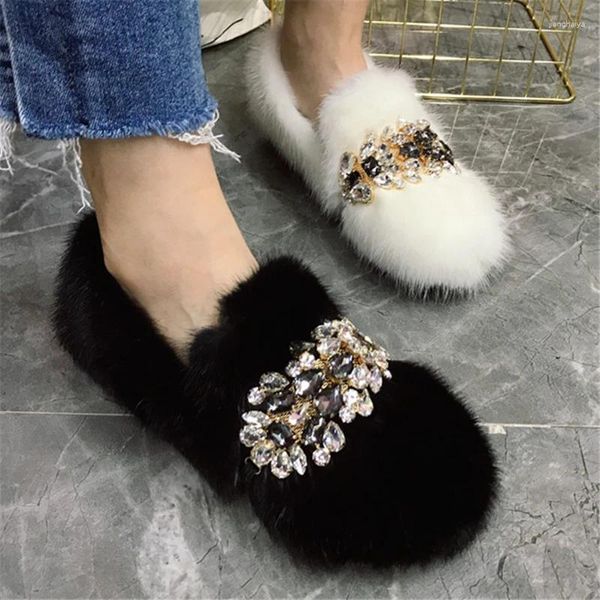 Chaussures décontractées Femmes noires Flats Crystal Moccasins Hiver Locs de fourrure chaude Real Mink Espadrilles Lady Slip-On Walking Driving