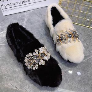 Casual Schoenen Zwarte Vrouwen Loafers Dikke Zool Mocassins Kristal Winter Warme Sneeuw Harige Espadrilles Flats Klimplanten