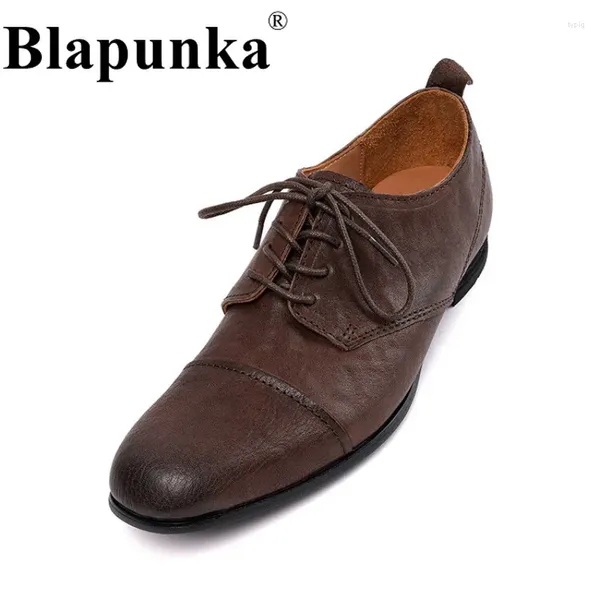 Zapatos informales BLAPUNKA Mujeres de cuero real de alta calidad Derby Lace-Up British College Girls Daily Vests Flats Brown Retro Rechear