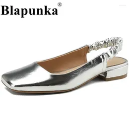 Chaussures décontractées blapunka Real Real Realine cuir Slingback Flat Elastic Pleted Strap Square Toe Femme Silver Sandals Refort Footwear