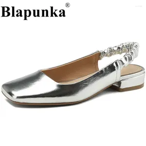 Casual schoenen blaapkunka echte echt lederen slingback platte elastische geplooide riem vierkant teen vrouwen zilveren sandalen comfort schoenen