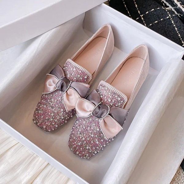 Chaussures décontractées Bling cristal diamant noir rose robe appartements femmes grand nœud paillettes unique strass paillettes bout carré Ballet