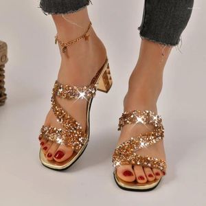 Casual schoenen bling Pearl -pailletten Rhinestone dames slippers kristallen metalen hielglaasjes 2024 zomer holle open teen goud zilver
