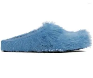 Chaussures décontractées Blue Long Horse Hair Cuir Slip on Sabot Loafers Flats Men Femmes Fautes Round Fur Plus taille 45