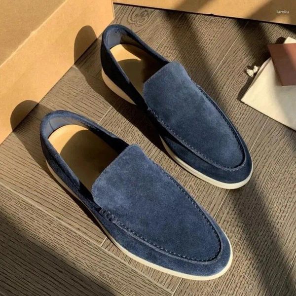 Chaussures décontractées Blue Nubuck en cuir en cuir molages plats pour hommes 2024 Abricot Toe Round Cound Fire de créateur pour hommes