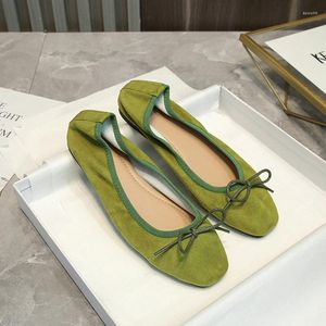 Casual schoenen merkontwerper bowtie ballet flats dames vierkant teen groen suede lederen vrouw espadrilles zachte bodem vouwbaar