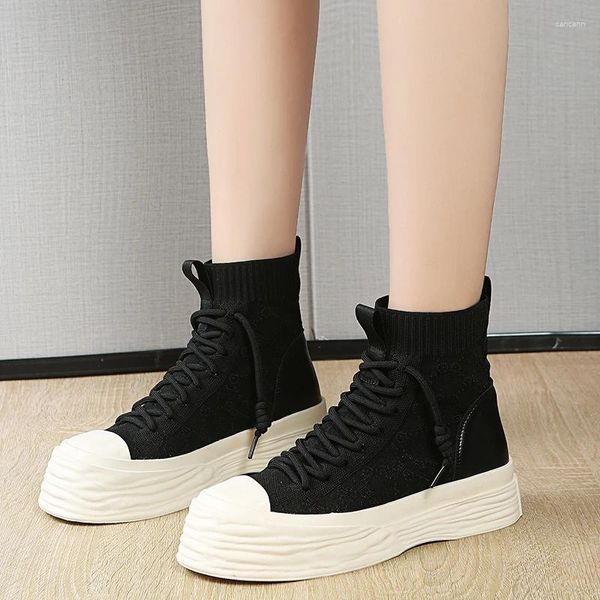 Calcetines de zapatos casuales calcetines transpirables altos zapatillas de moda de moda para mujeres tela elástica vulcanizada