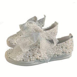 Chaussures décontractées Bride Pearls Flats Soft Bottom White confortable Walk Sticky Hands Fabriqué Beautiful Beautiful Wedding Wedding Limit Vente