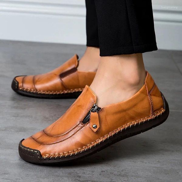 Chaussures décontractées hommes bruns en cuir set pieds zip mens mots de conduite de qualité faite à la main plus taille 48 mocassins plats