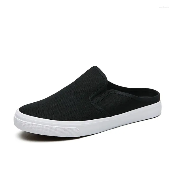 Zapatos Casuales Mulas De Lona para Hombres Pisos Ligeros Media Zapatilla para Hombres Transpirable Sin Cuero Hombre Negro Blanco