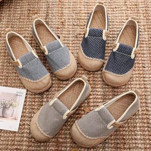 Casual schoenen Careaymade-Dames Gestreept Linnen Canvas Instapper Plat Vegan Comfortabel Dames Espadrilles Loafers Grijs Blauw