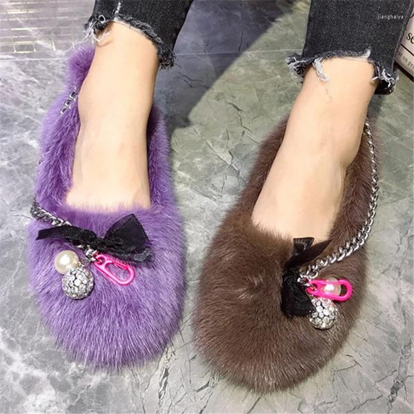 Zapatos informales con decoración de cadena para Mujer, Zapatos planos cálidos de invierno, mocasines exteriores para Mujer, calzado para conducir sin cordones