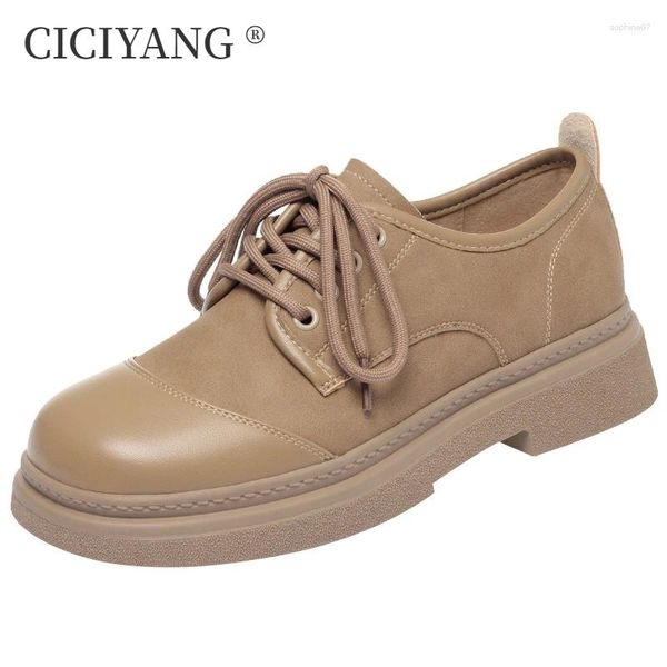 Chaussures décontractées CICIYANG LACE UP Cuir pour femmes 2024 Spring British Style Retro Ladies Low Talon Khaki confortable