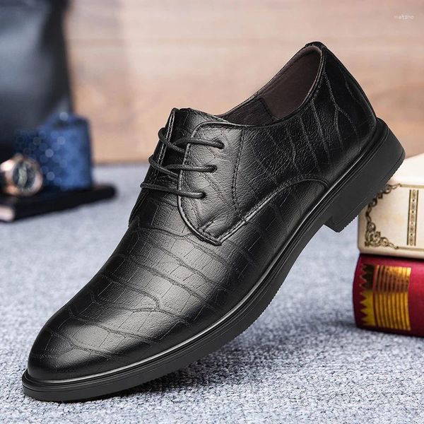 Zapatos informales de marca clásica para hombre, calzado marrón de cuero genuino con cordones en punta, para oficina, fiesta de negocios Formal de alta calidad