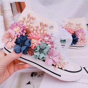 Chaussures décontractées fleur colorée perle mode strass Gauze lace up up épais semed haut haut toile femme baskets taille 44 femmes