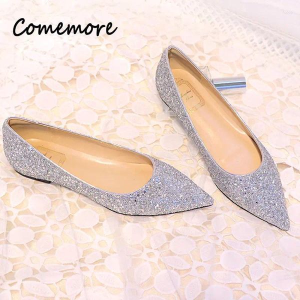 Zapatos casuales Comemore Fashion Elegant Silver Bling Bling Flitter Flats Mujeres Pombunas planas Partes Party Vestido Sequin Plus Tamaño 44