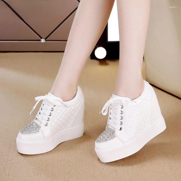 Zapatos casuales Comemore para mujer Tacón de Cuña talla grande 43 zapato vulcanizado de cuero blanco negro diamantes de imitación zapatillas altas con cordones