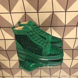 Chaussures décontractées Couple de luxe haut haut hommes formateurs conduite à pointes noir vert daim véritable cuir mariage argent cristal appartements baskets