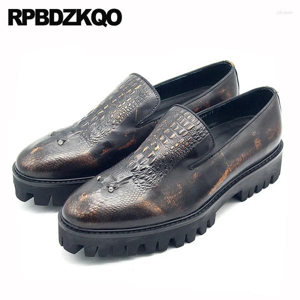 Chaussures décontractées Cow Skin Brush Platform Luxury Crocodile Gold Locages Hommes Alligator en strass et taille réel en cuir Creepers Summer