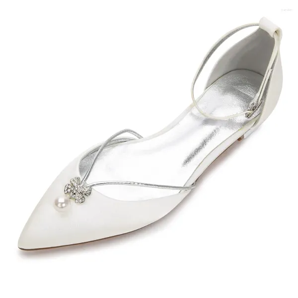 Chaussures décontractées créatifsugar Elegant Pearl Flower Forme Crystal Charm Lady Satin Lace Robe plate Sweet Pointed Toe Flats Bridal Wedding