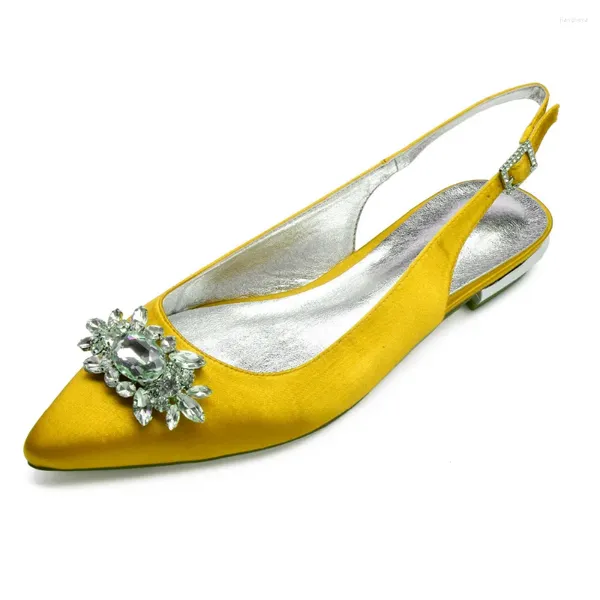 Zapatos casuales creativeugar slingback puntiagudo puntiagudo con broche de cristal dama de satén vestido de noche para novia de novia de novia amarillo azul marino