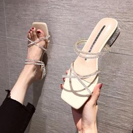 Casual Schoenen Kruis Smalle Duidelijke Band Romeinse Sandalen Vrouwen Kristal Dikke Hak Zomer Glitter Strass Party Sandalias Mujer 2024