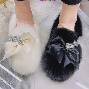 Chaussures décontractées mignon Bowknot femmes appartements mocassins noirs hiver mocassins chauds véritable vison fourrure espadrilles dame slip-on marche fumer