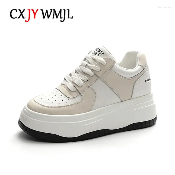 Zapatos informales CXJYWMJL Genuine Leather Women Platform Sneakers Wekgies Vulcanizadas Damas espesas de encaje blanco retro