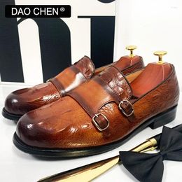 Zapatos casuales Daochen Brand Men's Brown Black Crocodile Tintor de cuero Genuino Vestido de cuero Doble Strap Huckle Lofea Men