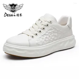 Casual Shoes DESAI Full Grain Leather Men Soft Breathable Light Sneakers Comfortable For Thick Bottom White 2024