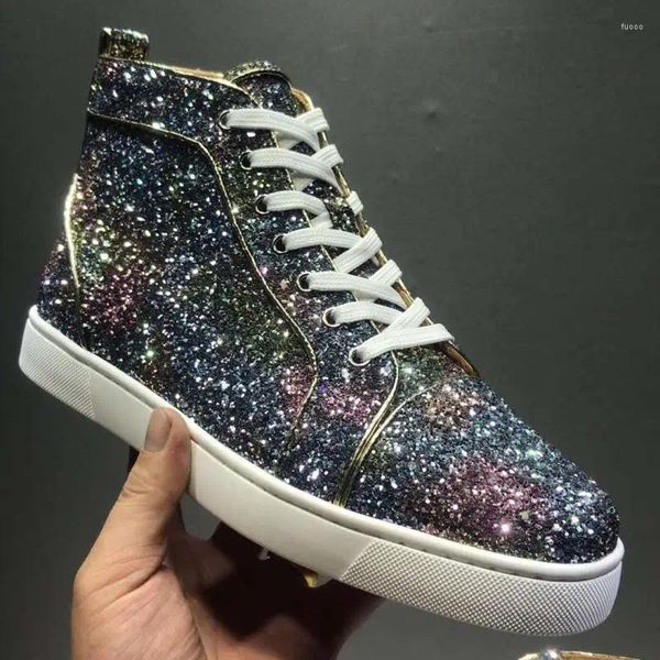 Chaussures décontractées Designer High-Top Luxury Men's Glitter Sequin Board Lace Up Flat Lovers Red