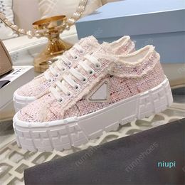 Chaussures Casual Double Roue Nylon Sneaker chaussures Chunky Semelle Légère Pour Femmes Blanc Bleu Désert Beige Plate-Forme Toile prad Rehausser Chaussure Sneker