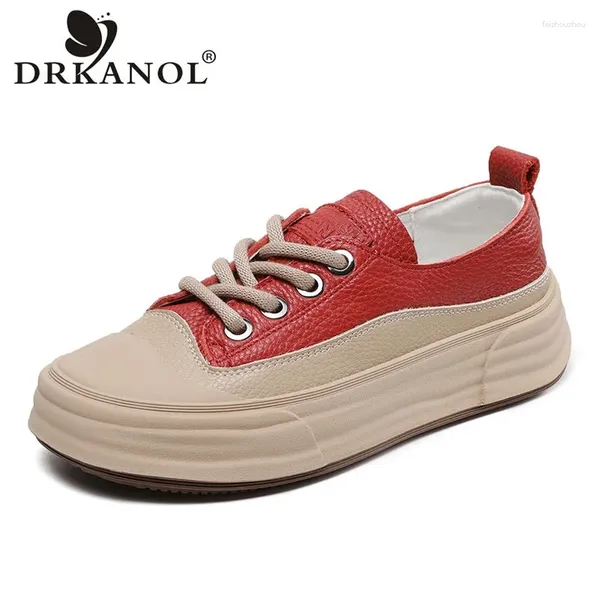 Chaussures décontractées drkanol 2024 Fashion Femmes Véritable en cuir à lacets Round Toe Plateforme Chunky Sneakers Comfort Shallow Flat