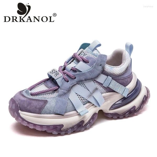 Chaussures décontractées drkanol fashion été maille respirante 2024 couleurs mixtes en strass brillante lacets épais semelles sneakers de plate-forme dame