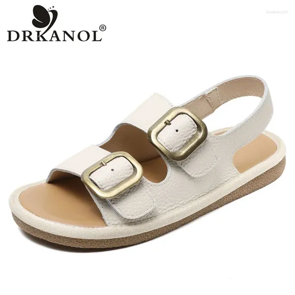 Chaussures décontractées drkanol Fashion Femmes Sandales 2024 Été Véritage en cuir ouvert ouverte ouverte Flat Ladies Comfort Back Strap Beach