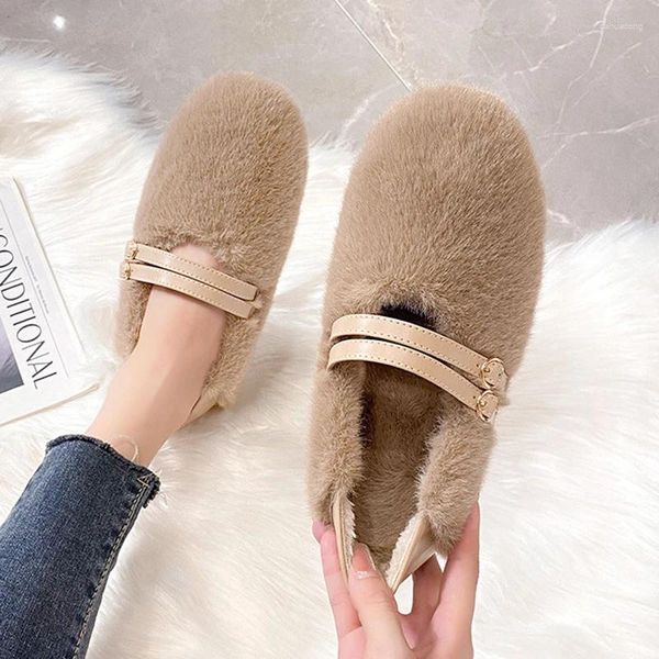 Zapatos casuales Cinturón elegante Hebilla de piel Mocasina Mujeres Pelo de cabello Invernal Warm Lave Wool Damas Slip sobre mocasines Ballerinas peludas