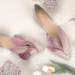 Casual schoenen elegante bloem bloemblaadvormige vrouw plat puntige teen hiel loafers roze groene gradiënt kleur slip op etnische dans