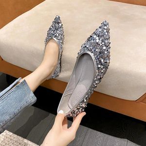 Casual Schoenen Elegante Dames Glitter Zilver Flats Puntschoen Glanzende Bruiloft Vrouw 41-43 Big Size Bling Ballet Vrouwen loafers