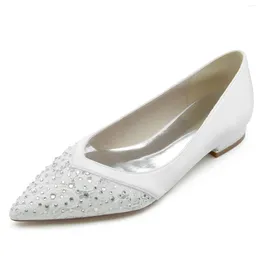 Chaussures décontractées Dame élégante Robe à bout pointu Appartements Slip sur Splice Satin Dentelle Strass Mariée Mariage Fête Bal Petits Talons Épais